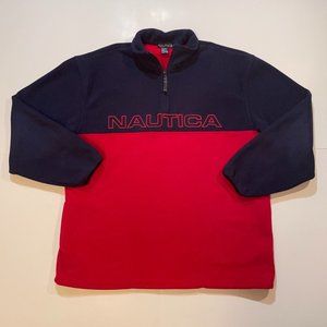 Vintage Nautica Spellout USA Made Men's L 1/4 Zip Fleece Sweater Red Blue
